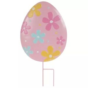 (2) Pink Floral Egg Metal Garden Stake